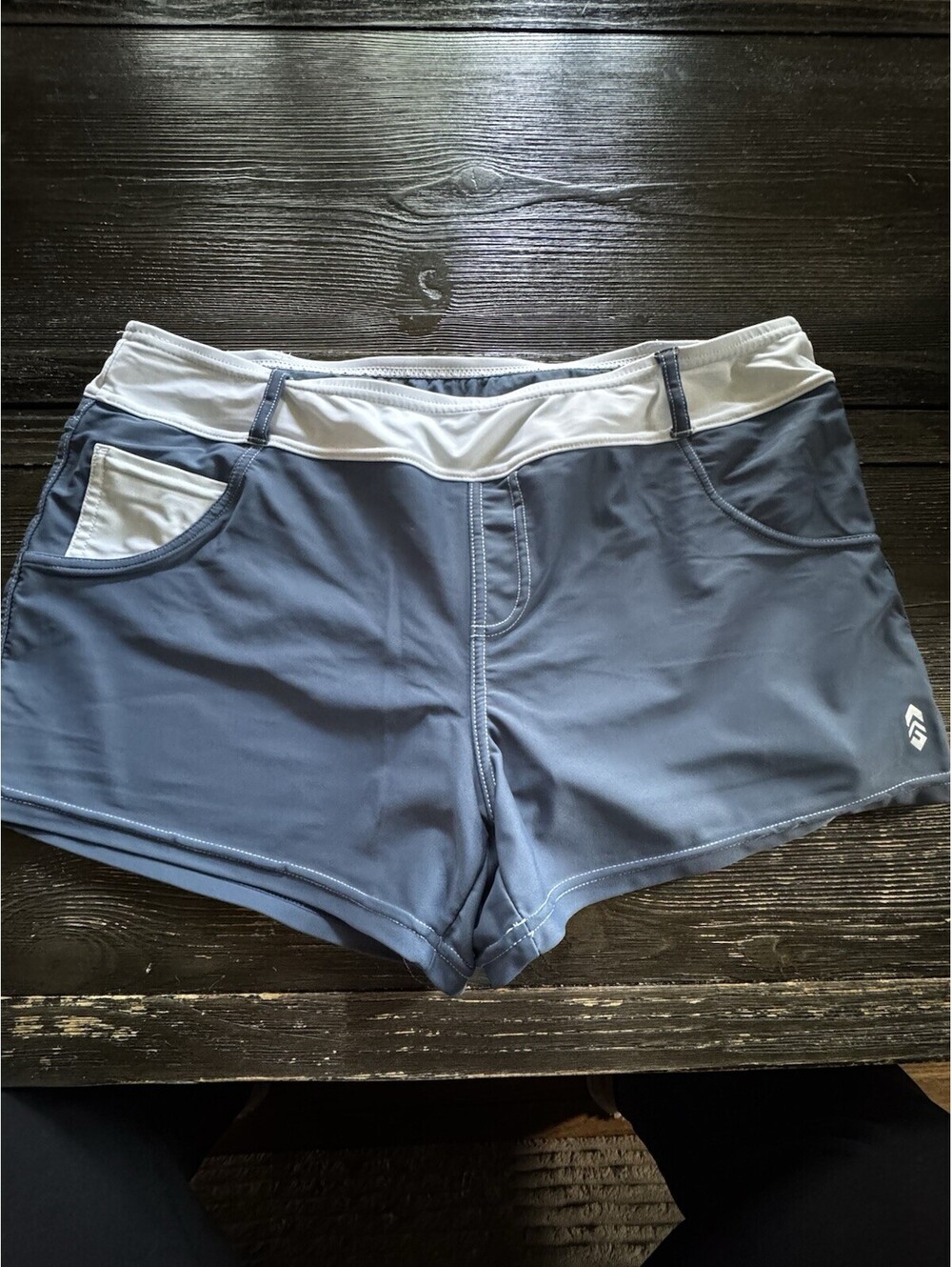 Free Country Womens Large Swim Board Shorts Slate Blue White Stretch Beach